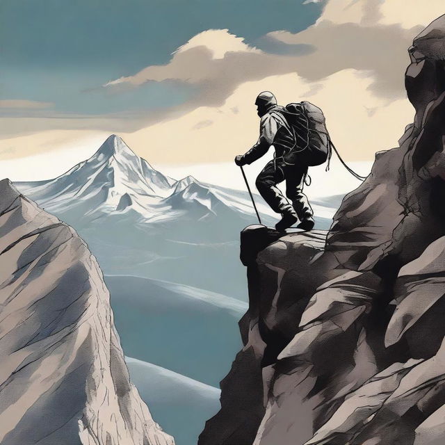 A high-quality digital art depicting a person climbing a rugged mountain