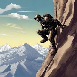 A high-quality digital art depicting a person climbing a rugged mountain