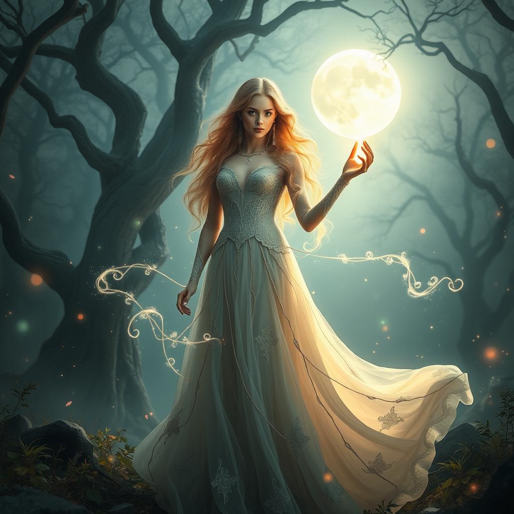 A powerful female enchantress standing in a mystical forest, wearing a flowing, elegant gown adorned with intricate patterns