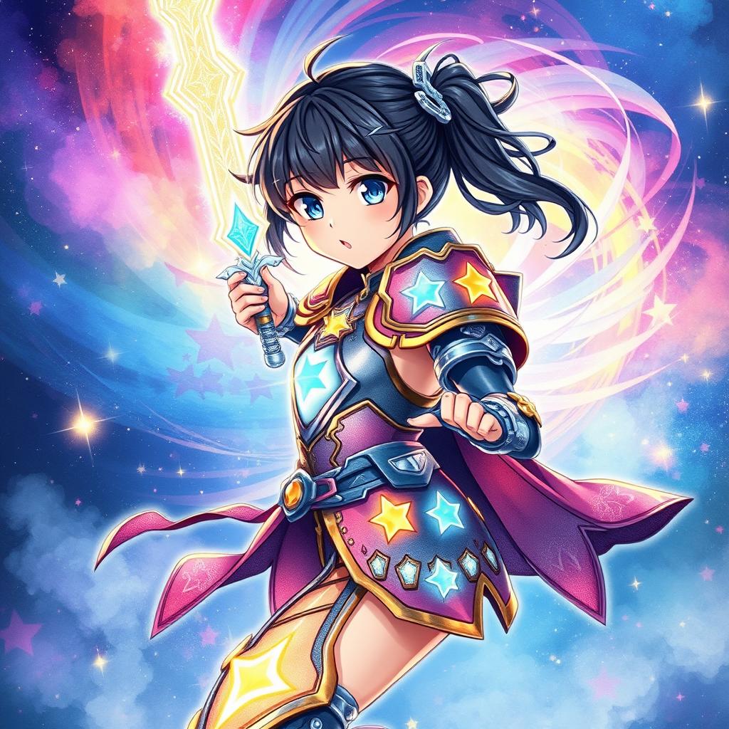 An anime girl in a celestial warrior outfit featuring glowing armor adorned with star patterns