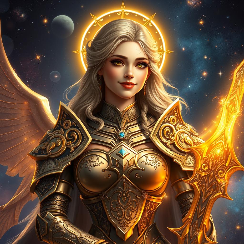 A realistic digital painting of a celestial female warrior, smiling softly with a confident gaze
