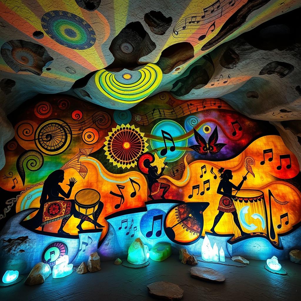 Vivid and abstract cave art inspired mural depicting diverse musical elements