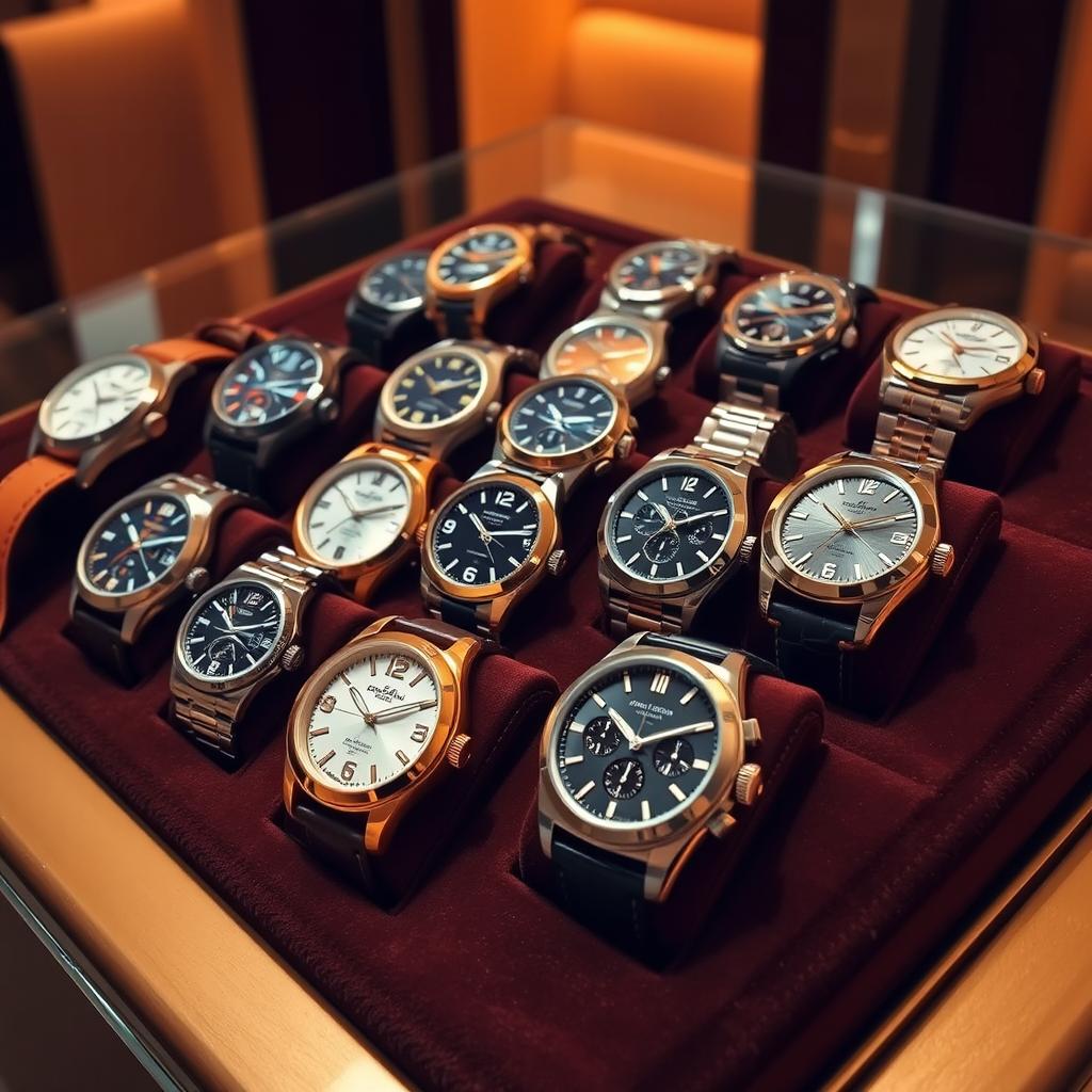 An array of luxurious wristwatches displayed elegantly on a velvet surface, showcasing various styles including classic leather straps, modern metal bands, and sporty designs