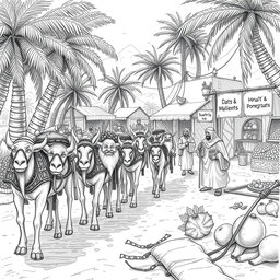An engaging black and white drawing showcasing a dwarven caravan of mules, consisting of 20 dwarves, arriving at a bustling marketplace in a thriving oasis to trade with Arab-like humans