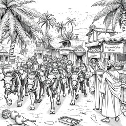 An engaging black and white drawing showcasing a dwarven caravan of mules, consisting of 20 dwarves, arriving at a bustling marketplace in a thriving oasis to trade with Arab-like humans