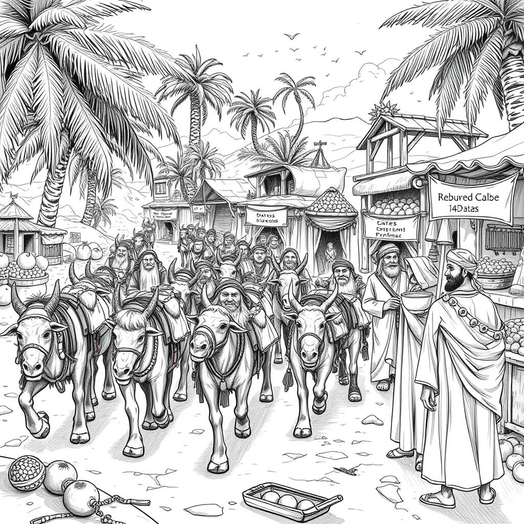 An engaging black and white drawing showcasing a dwarven caravan of mules, consisting of 20 dwarves, arriving at a bustling marketplace in a thriving oasis to trade with Arab-like humans