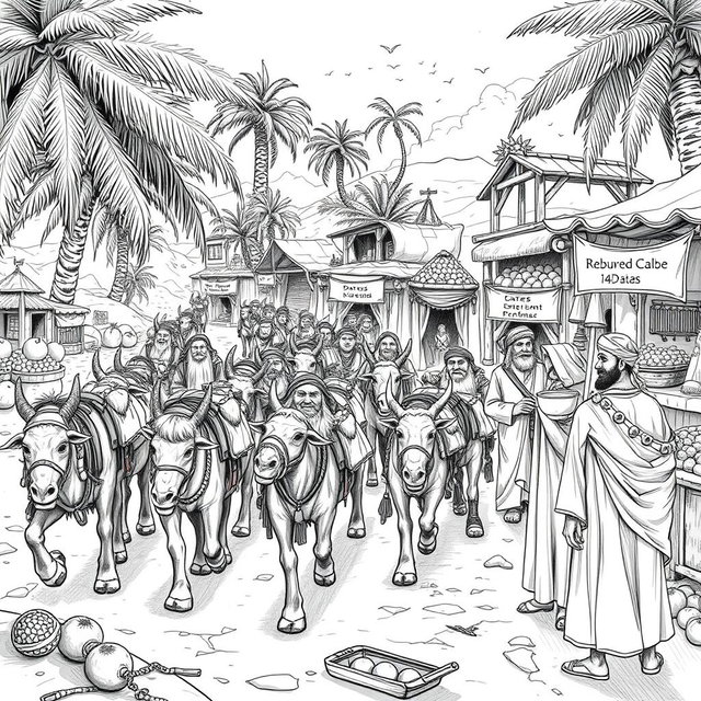 An engaging black and white drawing showcasing a dwarven caravan of mules, consisting of 20 dwarves, arriving at a bustling marketplace in a thriving oasis to trade with Arab-like humans