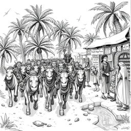 An engaging black and white drawing showcasing a dwarven caravan of mules, consisting of 20 dwarves, arriving at a bustling marketplace in a thriving oasis to trade with Arab-like humans