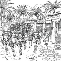 An engaging black and white drawing showcasing a dwarven caravan of mules, consisting of 20 dwarves, arriving at a bustling marketplace in a thriving oasis to trade with Arab-like humans