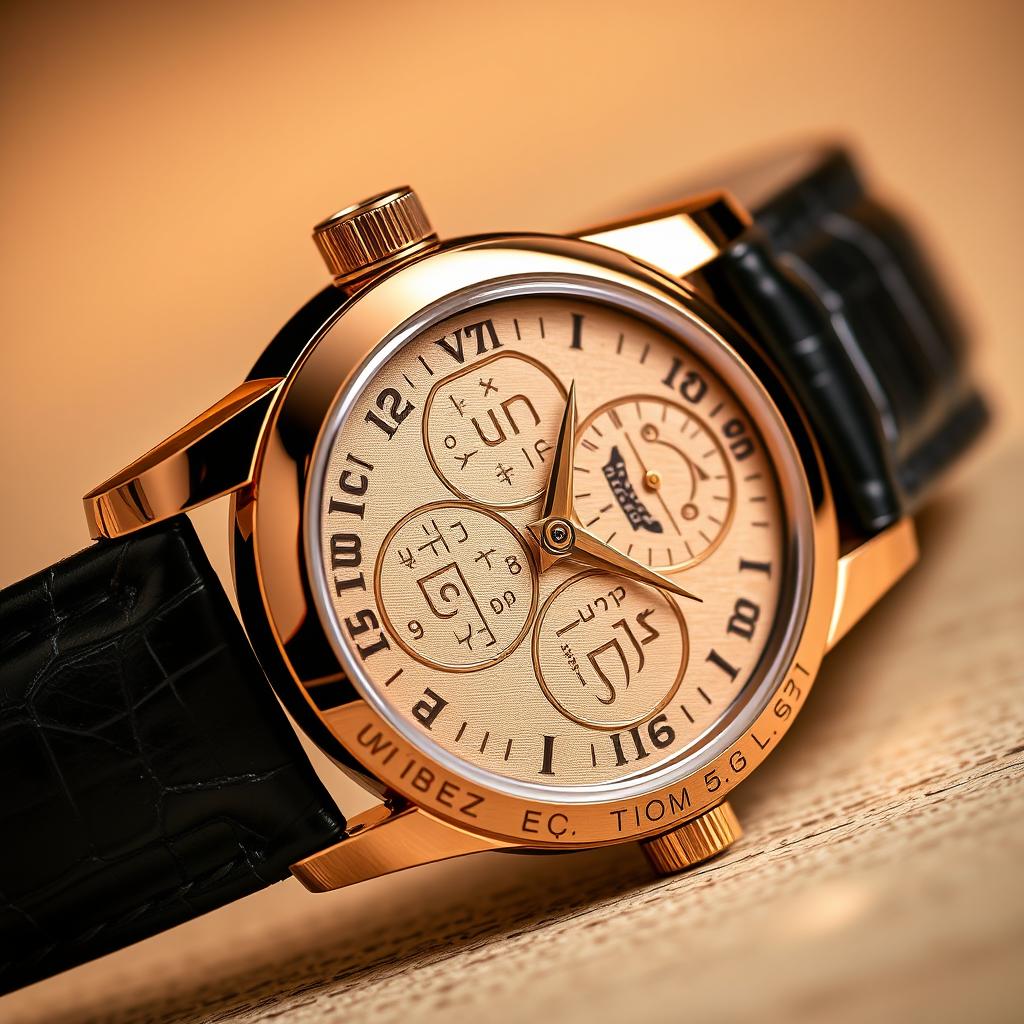 A close-up view of a luxurious wristwatch adorned with Ge'ez numbers intricately engraved on its dials