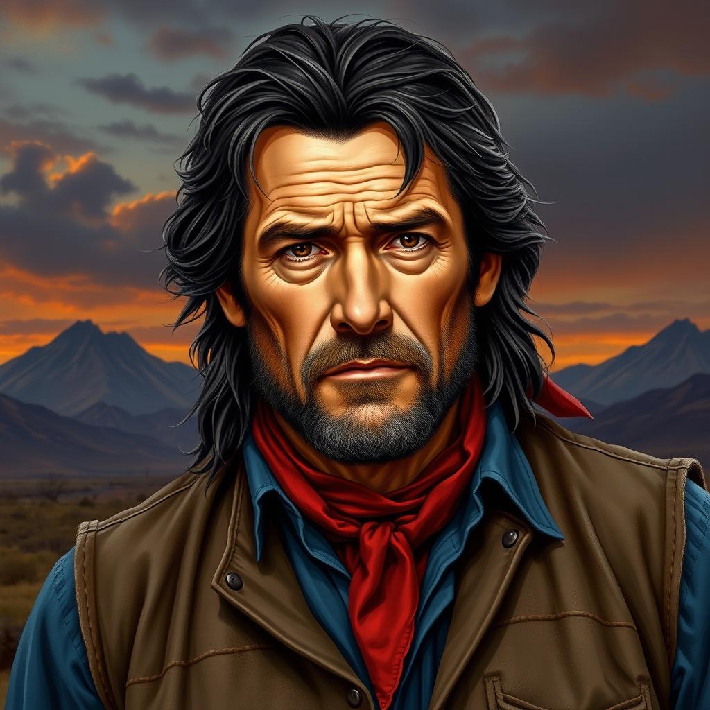 A detailed portrait of Arthur Morgan, a rugged cowboy from the late 1800s, with a strong jawline and long, unkempt dark hair
