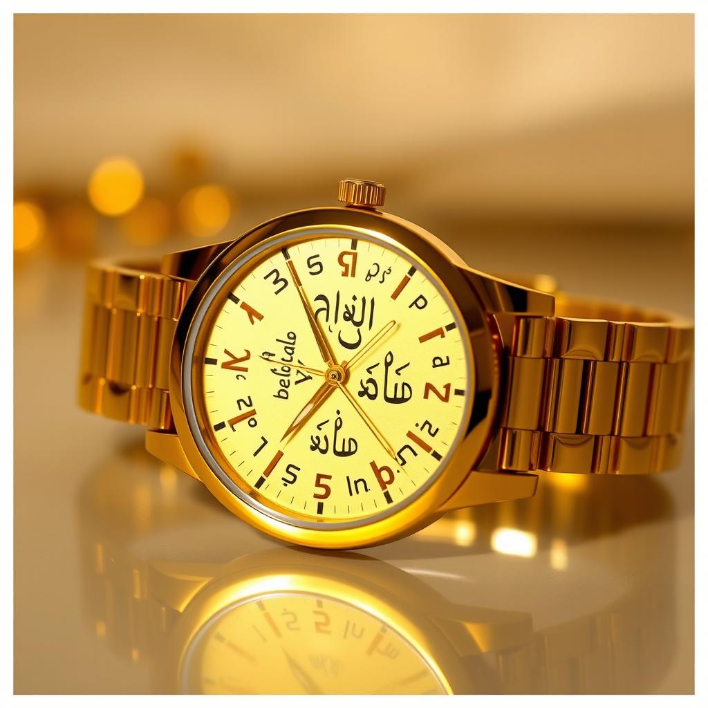 An elegant gold watch featuring delicate Amharic alphabets intricately designed on its face, showcasing the beauty of Ethiopian script