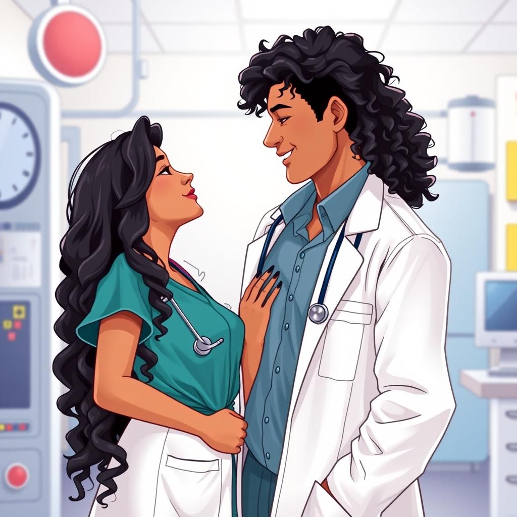 A romantic illustration of a couple of doctors gazing at each other lovingly in a hospital setting