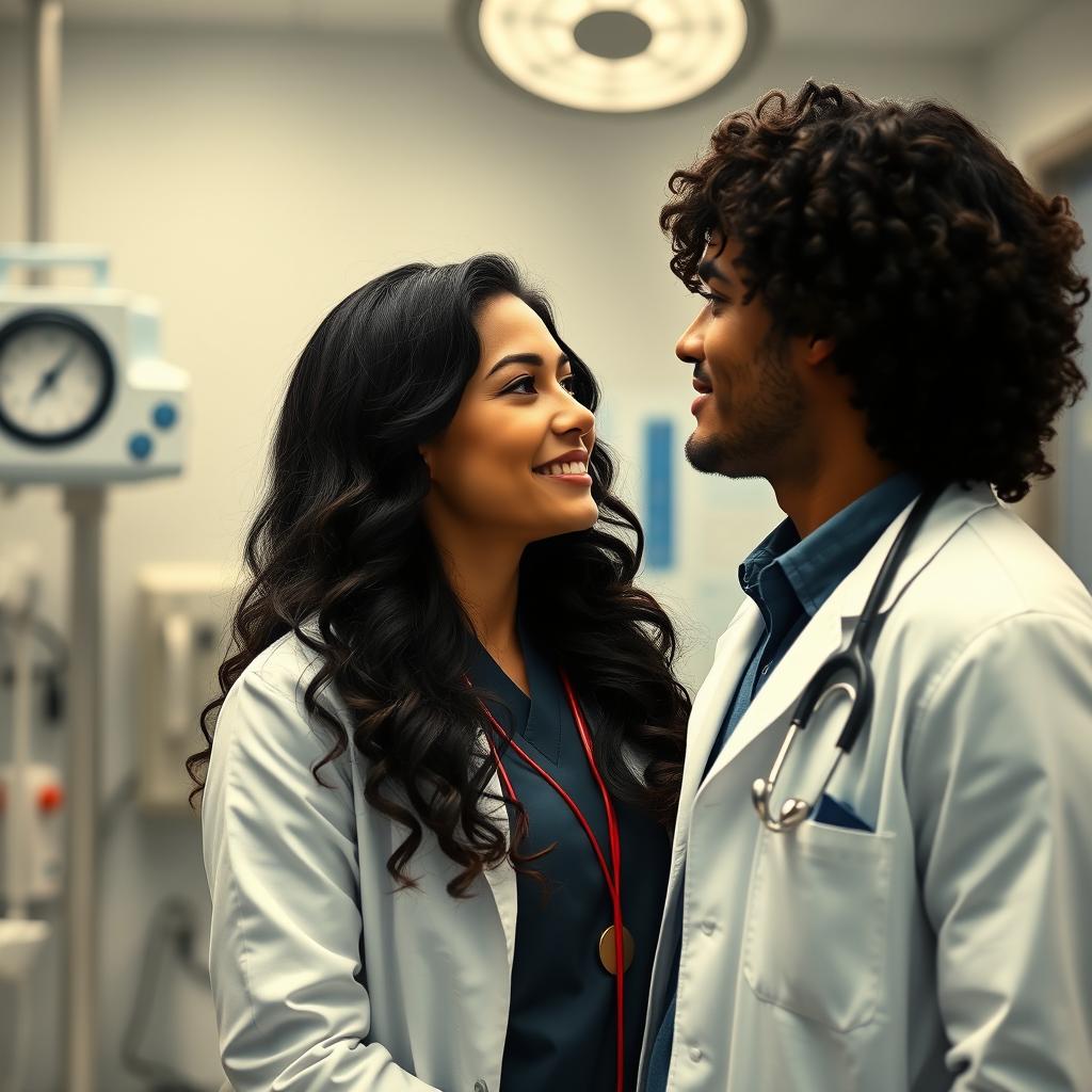 A passionate scene of a couple of doctors gazing into each other's eyes in a hospital setting