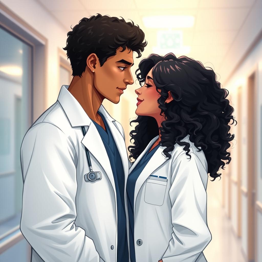 A beautifully illustrated scene of a couple of doctors gazing passionately into each other's eyes