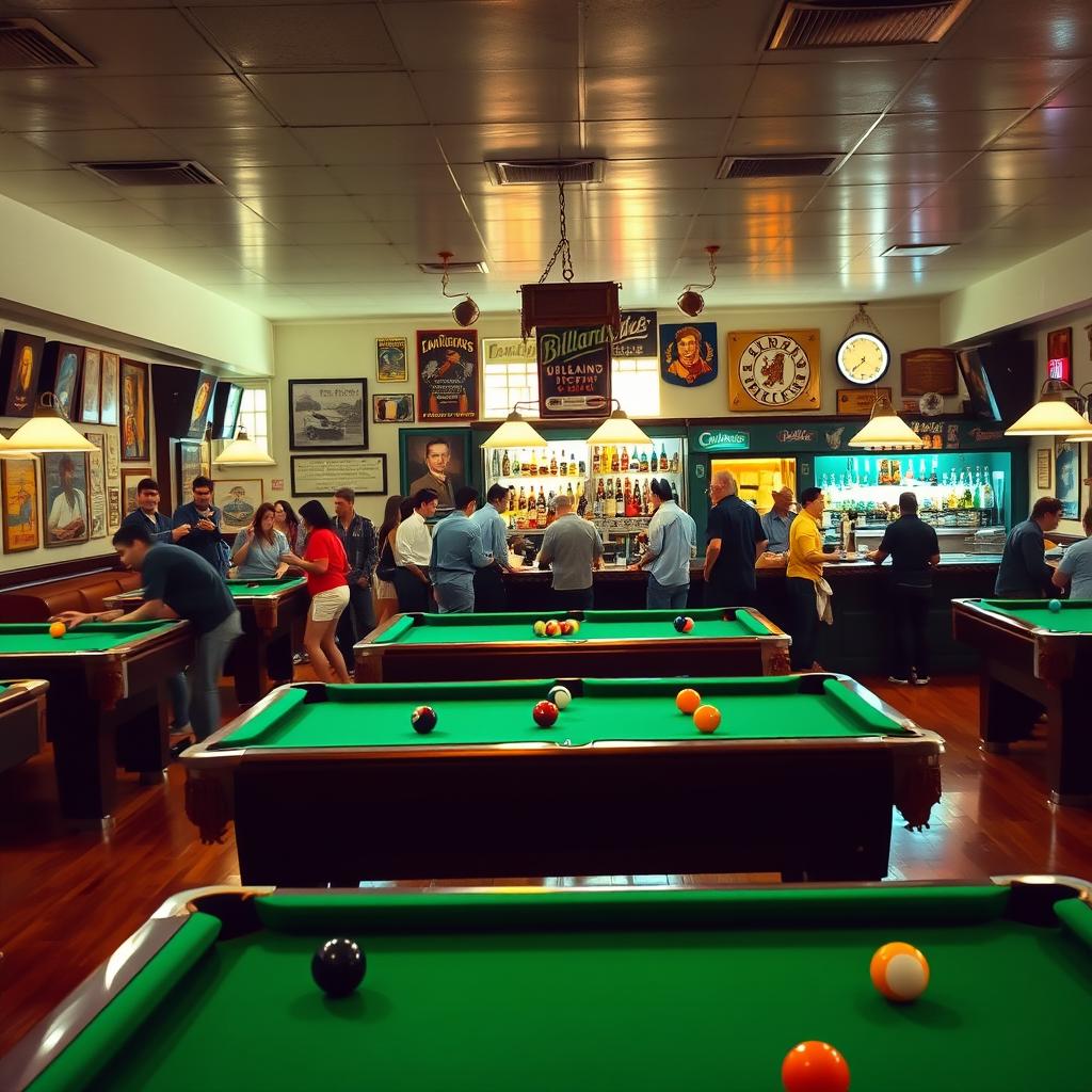 A vibrant and lively scene set in a billiard club, showcasing green pool tables with glistening balls ready for a game
