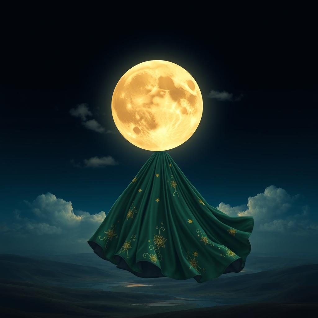 A stunning full moon illuminated against a deep midnight blue sky, dressed elegantly in a flowing dark green gown that billows slightly as if it were caught in a gentle breeze