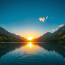 A stunning landscape featuring a serene lake surrounded by majestic mountains under a clear blue sky