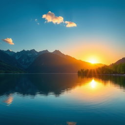 A stunning landscape featuring a serene lake surrounded by majestic mountains under a clear blue sky
