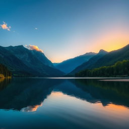 A stunning landscape featuring a serene lake surrounded by majestic mountains under a clear blue sky