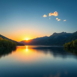 A stunning landscape featuring a serene lake surrounded by majestic mountains under a clear blue sky