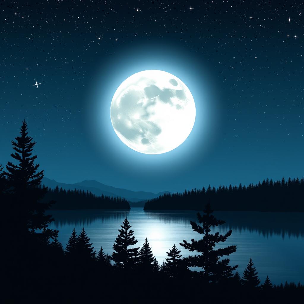 A beautiful, luminous full moon casting a gentle glow over a tranquil nighttime landscape