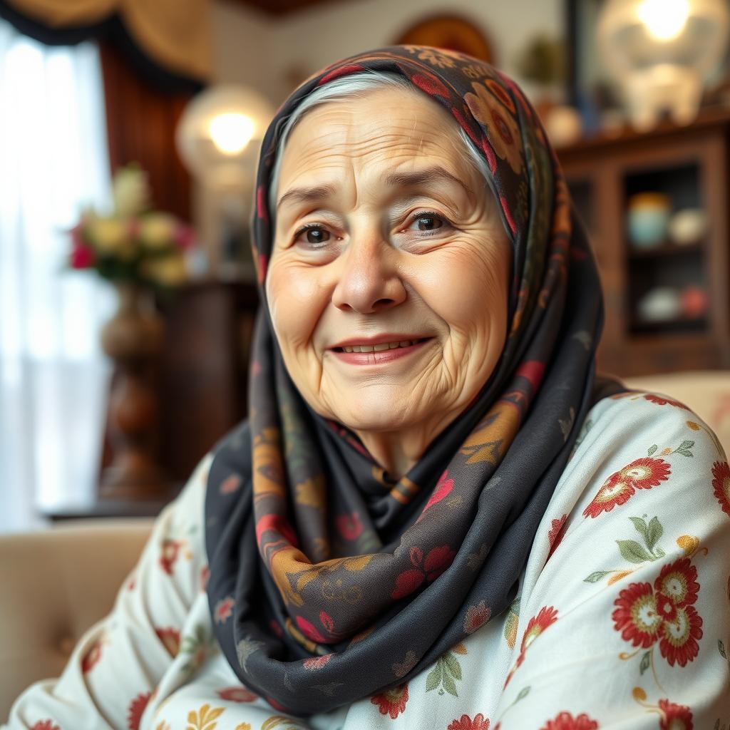 A beautiful and elegant elderly woman wearing a colorful hijab, showcasing her warm smile and kind eyes