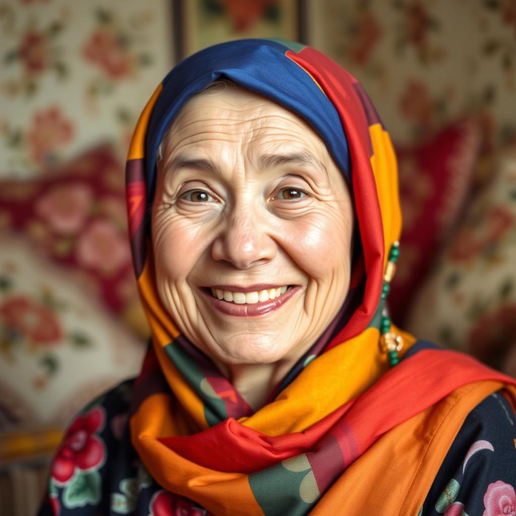A beautiful and cheerful elderly woman wearing a colorful hijab, with a warm and inviting smile