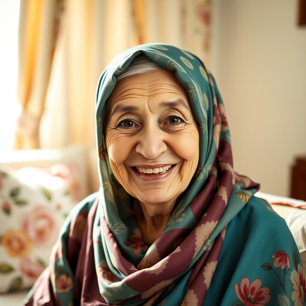A cheerful and graceful elderly woman wearing a beautifully patterned hijab, radiating warmth and joy