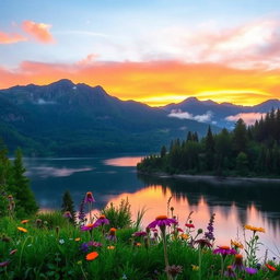 A serene mountain landscape during sunrise, featuring a tranquil lake reflecting the hues of the sky