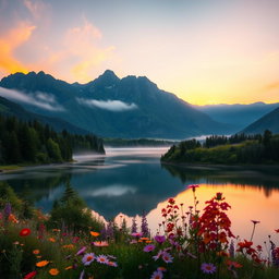 A serene mountain landscape during sunrise, featuring a tranquil lake reflecting the hues of the sky
