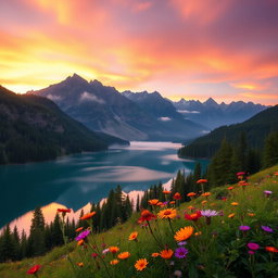 A serene mountain landscape during sunrise, featuring a tranquil lake reflecting the hues of the sky