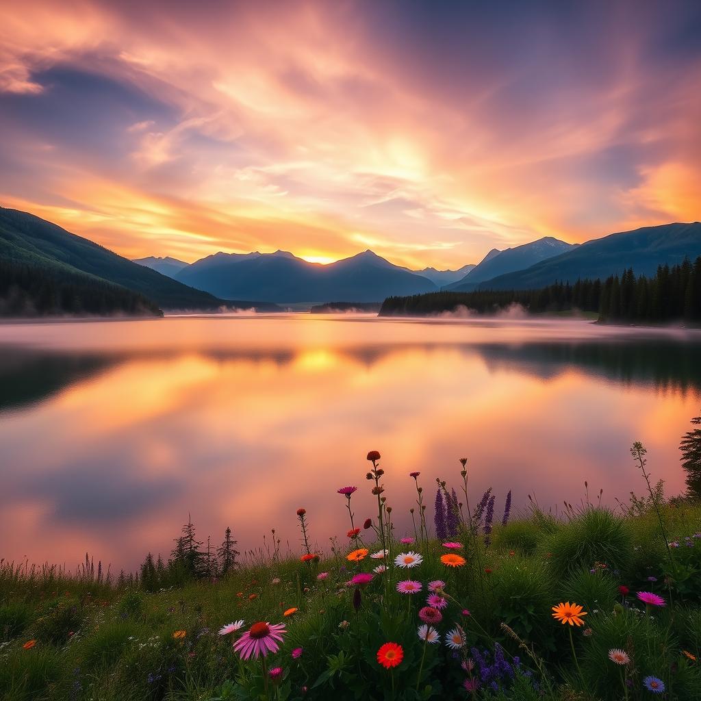 A serene mountain landscape during sunrise, featuring a tranquil lake reflecting the hues of the sky