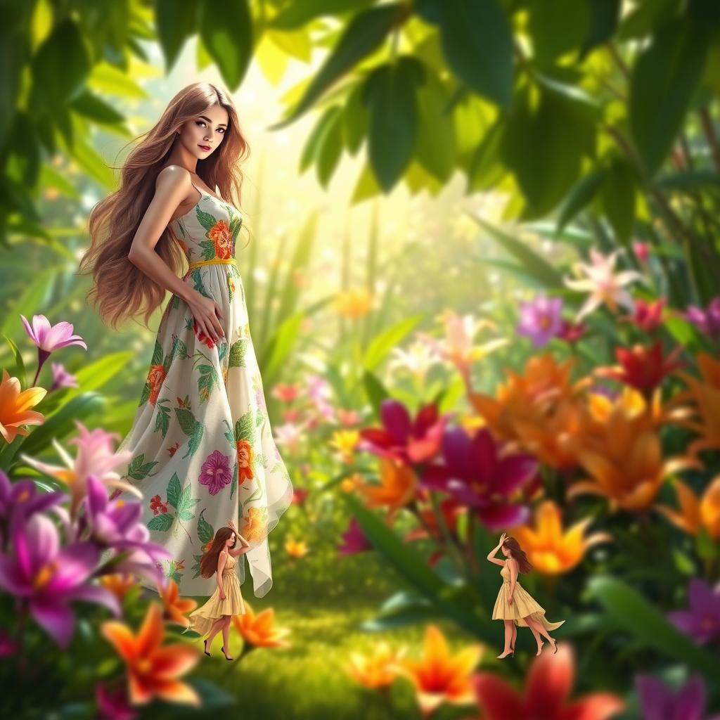 An elegant art scene featuring a woman standing confidently in a lush, vibrant garden filled with exotic flowers