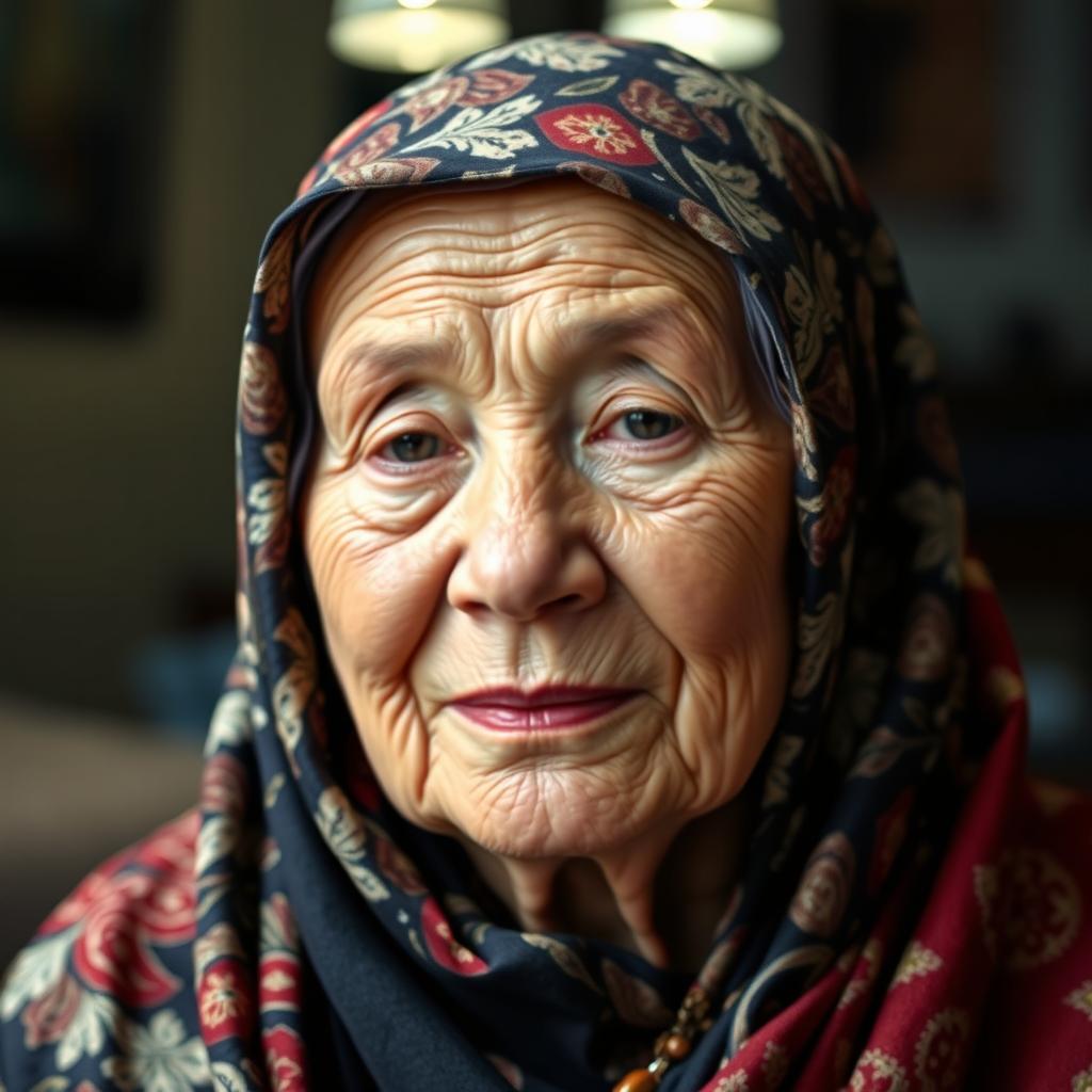 An elderly woman wearing a beautifully patterned hijab, exuding grace and wisdom
