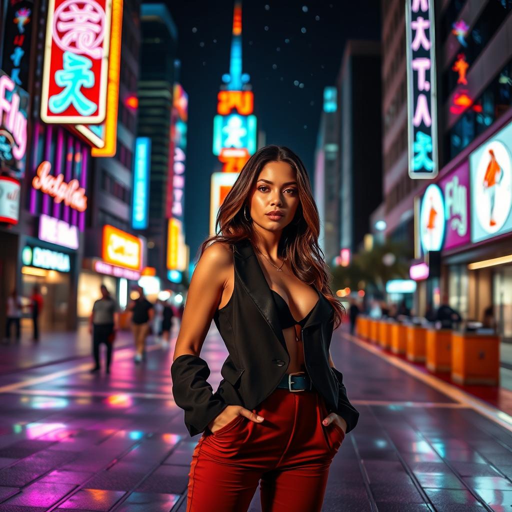 A beautiful woman in a stylish outfit, standing confidently in an urban setting, illuminated by vibrant neon lights