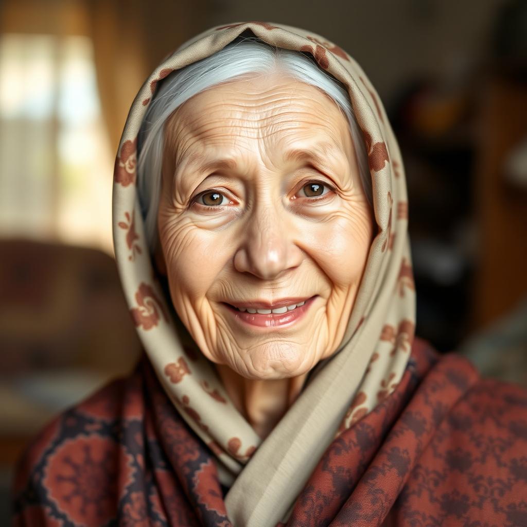A kind and gentle elderly woman wearing a beautifully patterned hijab, showcasing a warm and loving expression