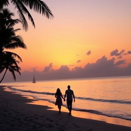 A beautiful sunset over a tranquil beach, with gentle waves lapping at the shore