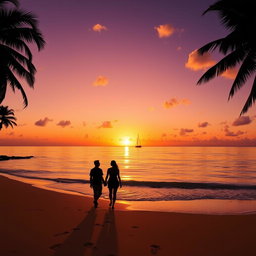 A beautiful sunset over a tranquil beach, with gentle waves lapping at the shore