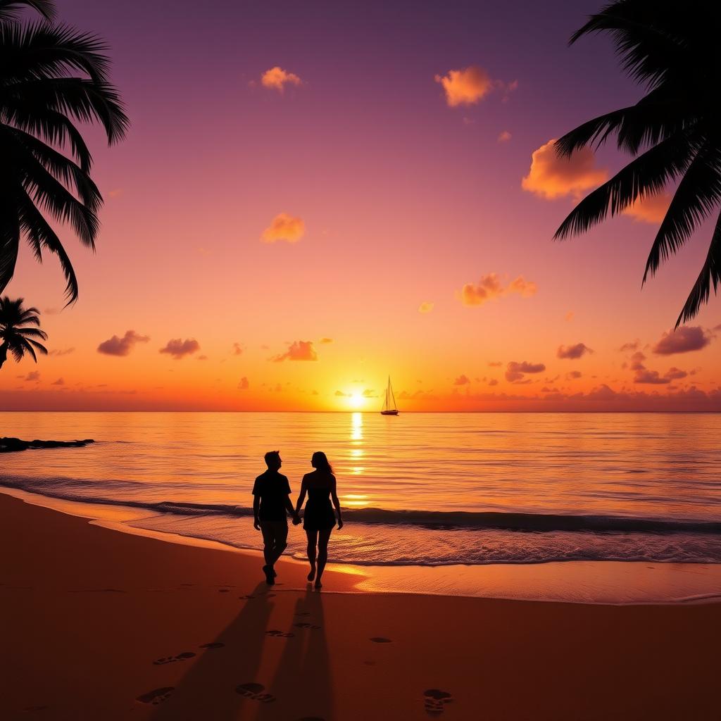A beautiful sunset over a tranquil beach, with gentle waves lapping at the shore