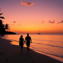 A beautiful sunset over a tranquil beach, with gentle waves lapping at the shore