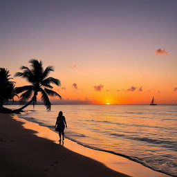 A beautiful sunset over a tranquil beach, with gentle waves lapping at the shore