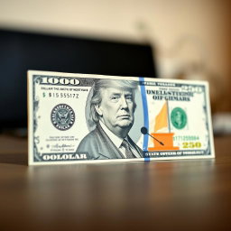 A newly designed dollar bill with a face value of $250 featuring a picture of Donald Trump in a prominent, artistic style