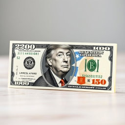 A newly designed dollar bill with a face value of $250 featuring a picture of Donald Trump in a prominent, artistic style