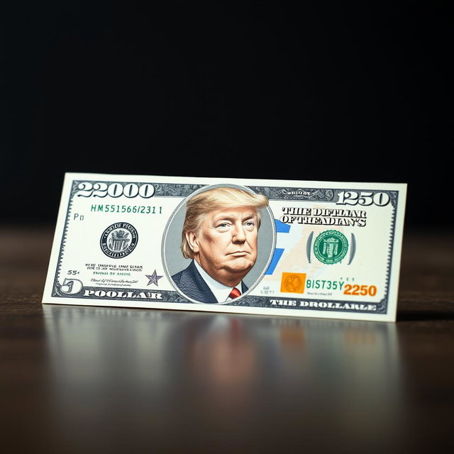 A newly designed dollar bill with a face value of $250 featuring a picture of Donald Trump in a prominent, artistic style