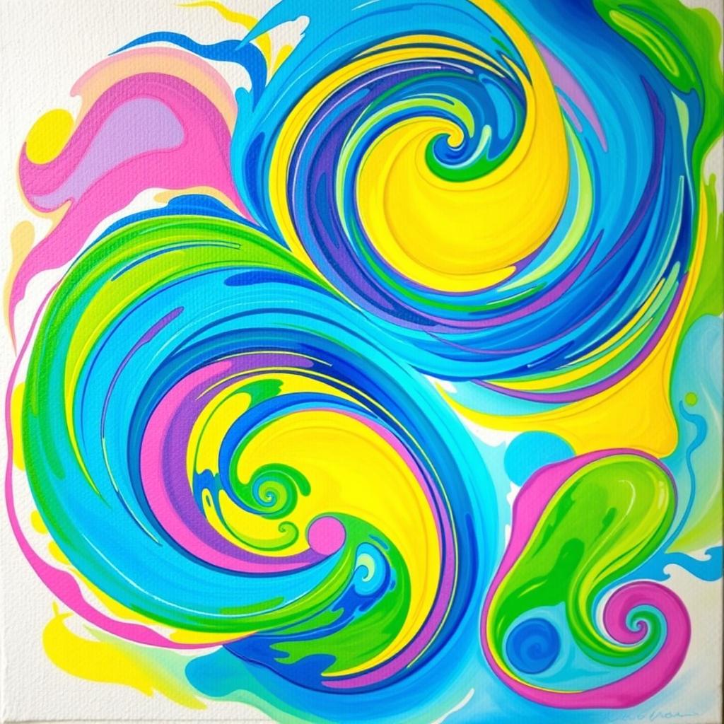 A vibrant and colorful abstract painting featuring swirling patterns and organic shapes that blend seamlessly into one another