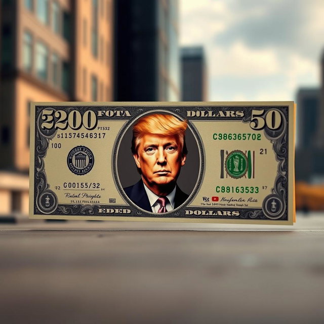 A newly designed dollar bill featuring a face value of $250, prominently displaying a stylized image of Donald Trump at the center