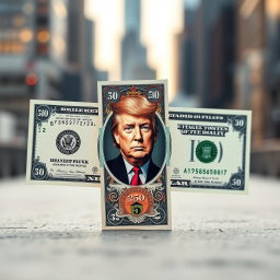 A newly designed dollar bill featuring a face value of $250, prominently displaying a stylized image of Donald Trump at the center