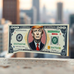 A newly designed dollar bill featuring a face value of $250, prominently displaying a stylized image of Donald Trump at the center