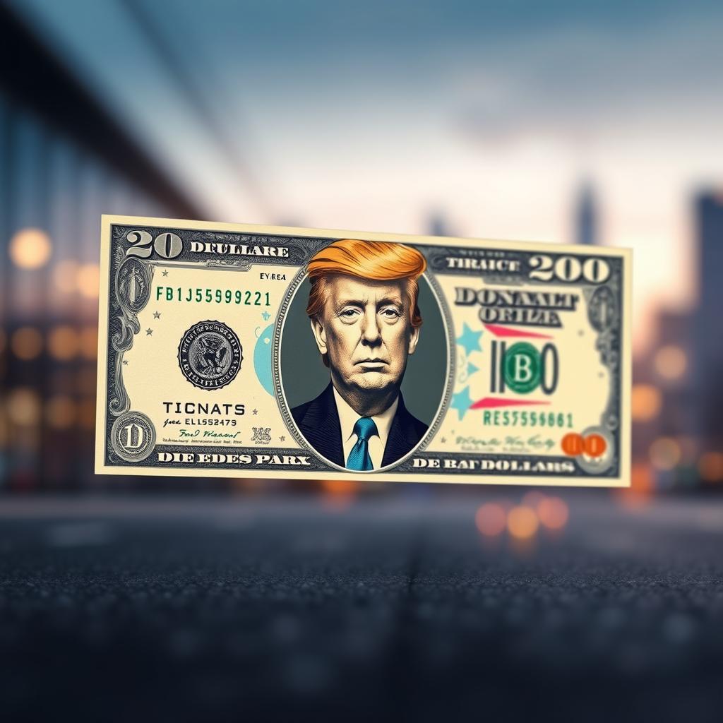 A newly designed dollar bill featuring a face value of $250, prominently displaying a stylized image of Donald Trump at the center